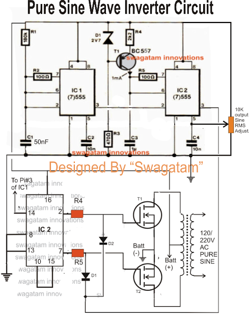 Pure Sine Wave Inverter Circuit - The Above 500va Pure Sine Wave Inverter Circuit Could Be Even More Enhanced Using An Automatic Output Correction Feature As Indicated Below - Pure Sine Wave Inverter Circuit