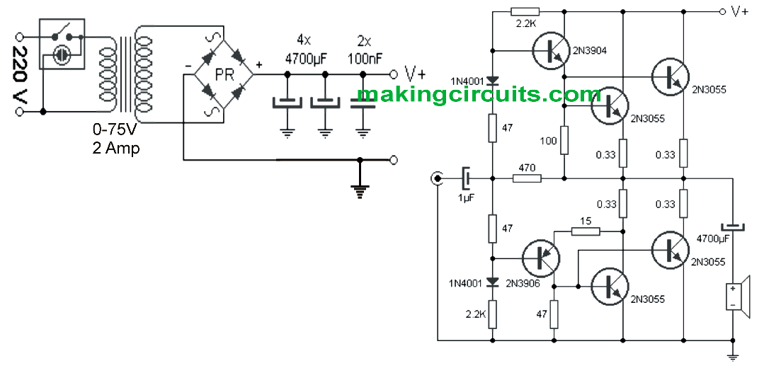 Simple 100 Watt Amplifier Circuit using 2N3055 Transistors