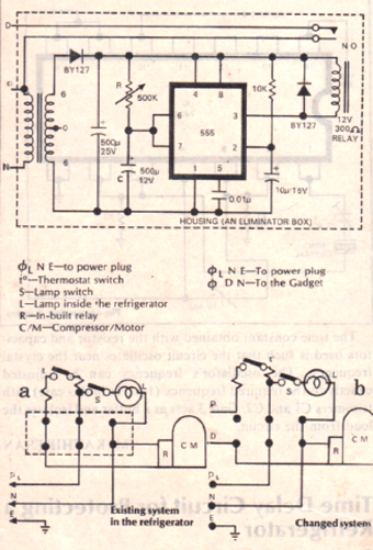 simple refrigerator protector circuit using a time delay relay during power sudden power fluctuations