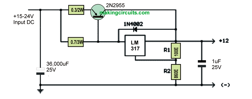 LM317 high current power supply using transistor