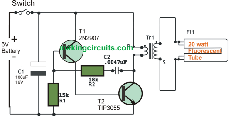 6v DC 20 watt Florescent Lamp Driver Circuit