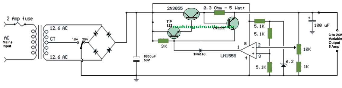 0-24V/5Amp Variable Power Supply Circuit with Transistors