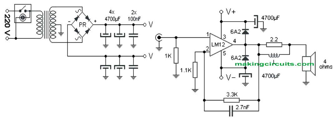 Simple 100 Watt Amplifier Circuit using a Single IC