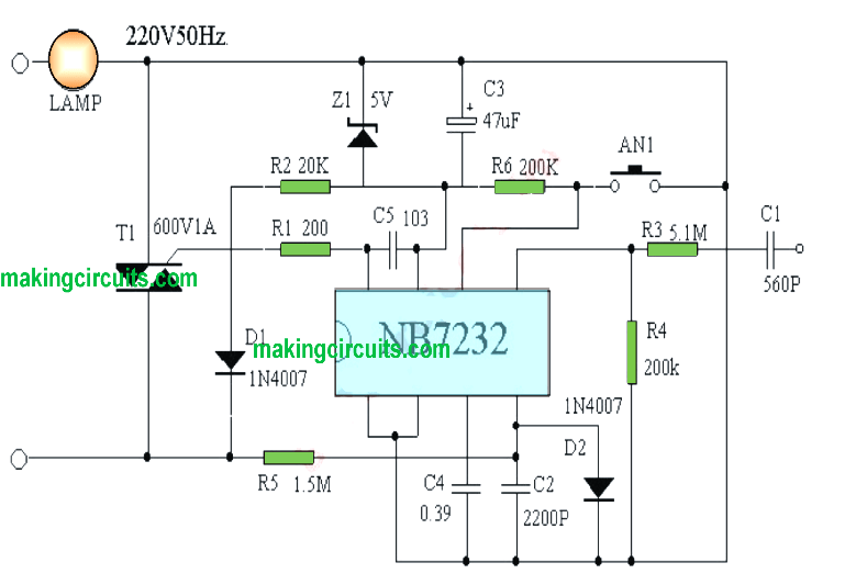 mains light dimmer using push button