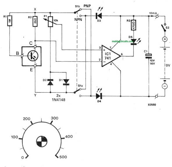  Transistor Current Gain Tester Circuit hFE Tester