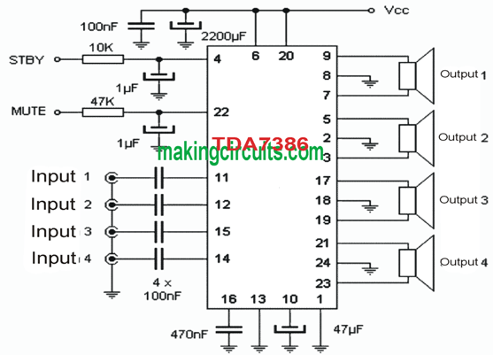 simple quadraphonic speaker circuit using single chip