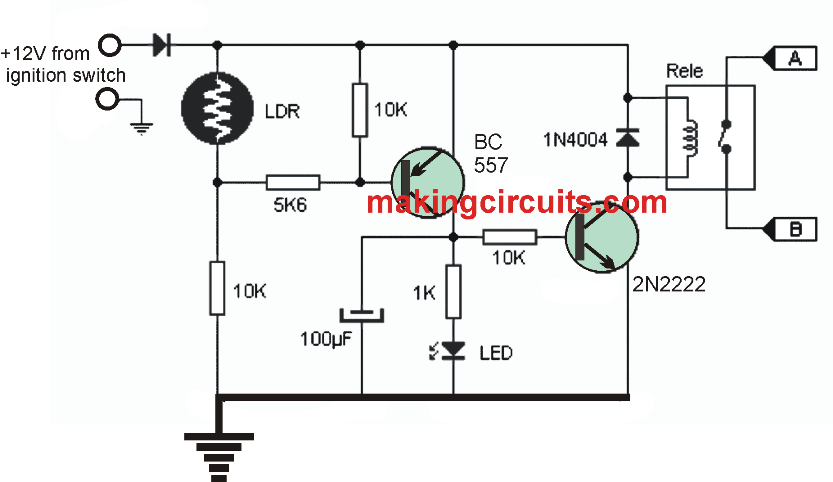 Automatic Car Day Night Triggered Headlamp Circuit