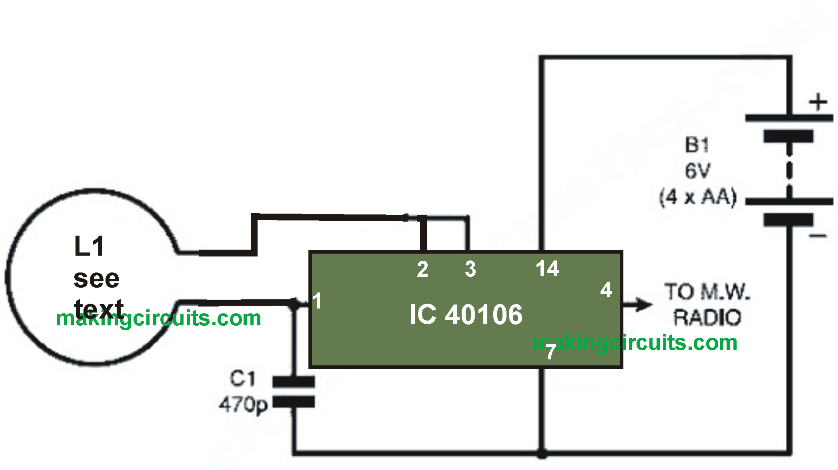 simple metal detector circuit using a single IC 40106