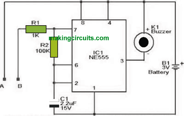 simple water level alarm circuit using IC 555