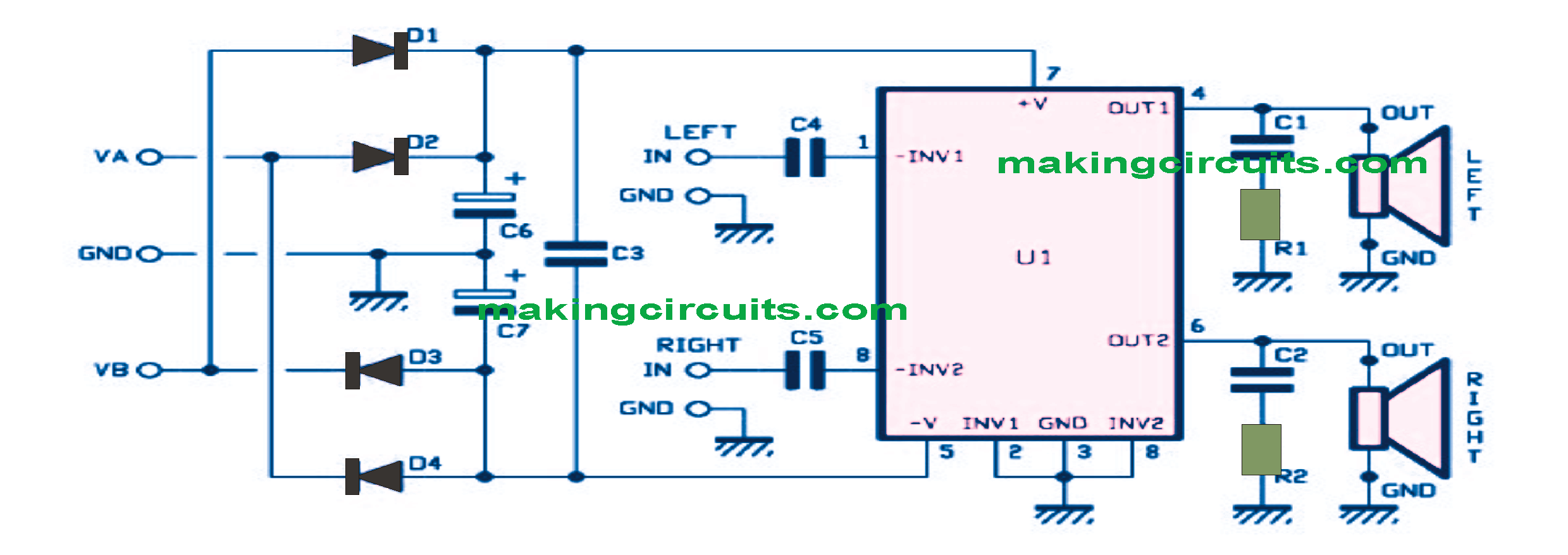 30 Watt Stereo Amplifier Circuit Using Ic Tda1521