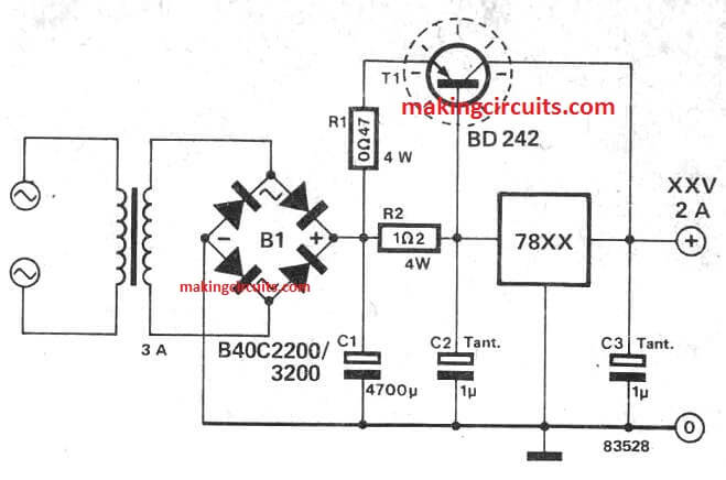 increase boost current in 7812, 7805 and all 78XX circuit using transistor