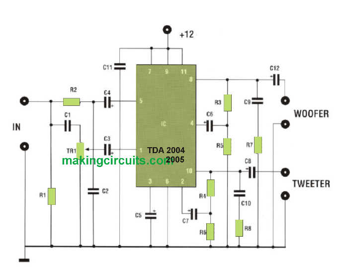 20 watt speaker amplifier box circuit with built-in woofer tweeter