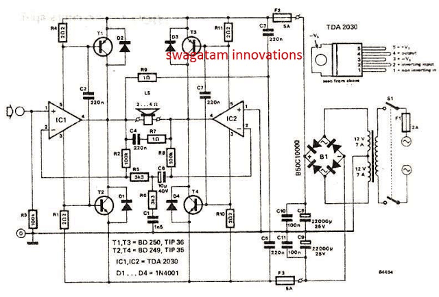 Bridged 120 watt amplifier circuit using TDA2030 IC