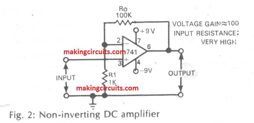 non-inverting DC amplifier circuit using IC 741 opamp