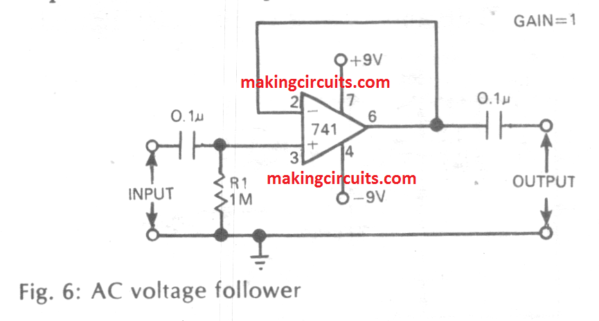AC buffer amplifier circuit or voltage follower using IC 741