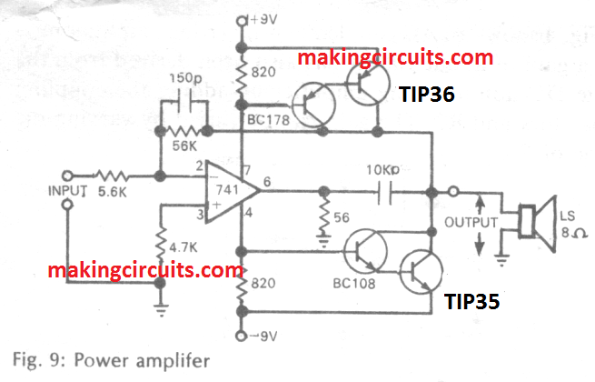small power amplifier circuit using IC 741 opamp
