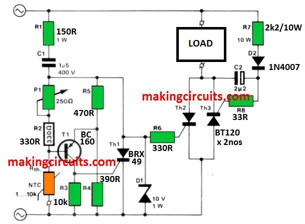 high watt temperature regulator circuit using SCR and zero voltage cross switching
