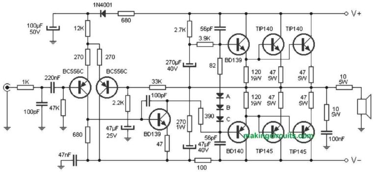 Simple 300 Watt Power Amplifier Circuit using Transistors