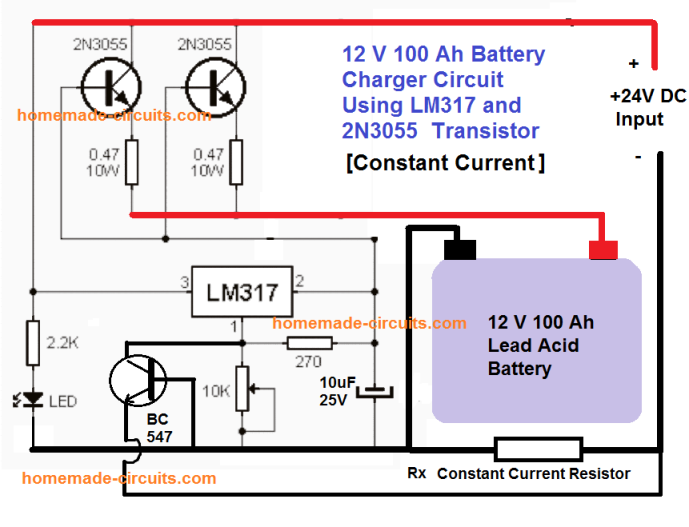 100 Ah lead acid battery charger circuit diagram using LM317 and 2N3055 transistors