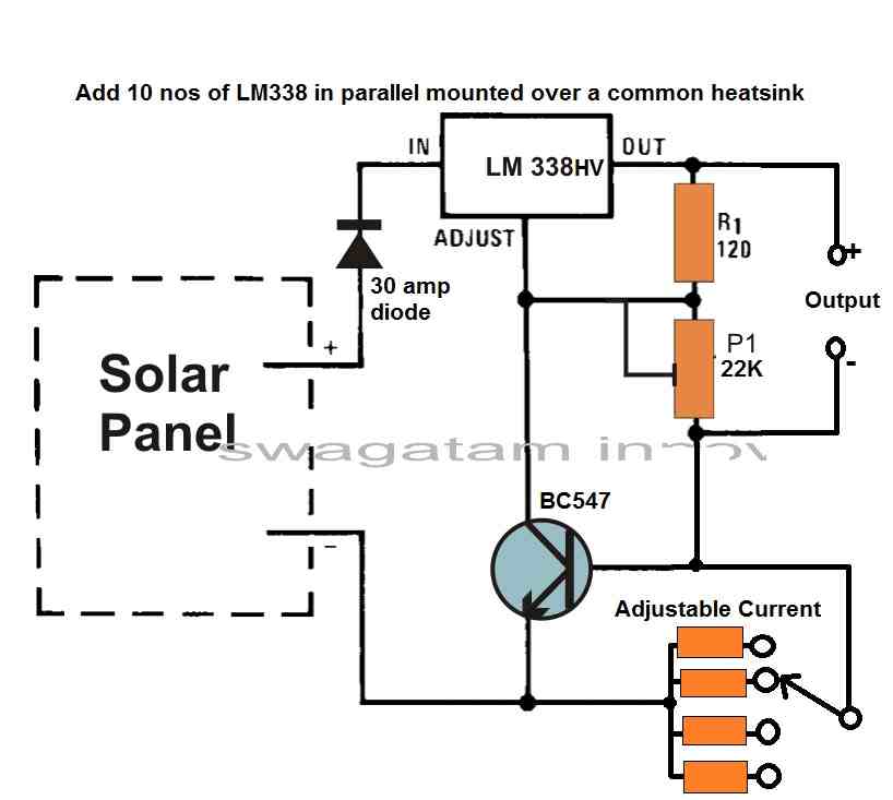 Adjustable Solar voltage and current regulator circuit diagram using IC LM338