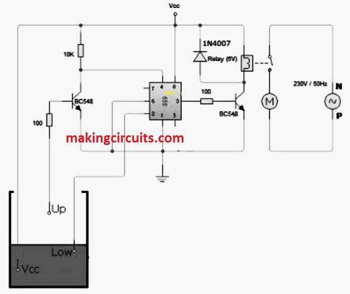 555 IC water level controller circuit