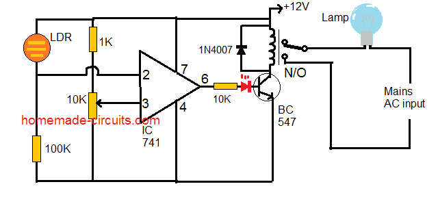 darkness activated IC 741 automatic lamp circuit