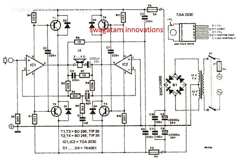 Bridged 120 watt amplifier circuit using TDA2030 IC