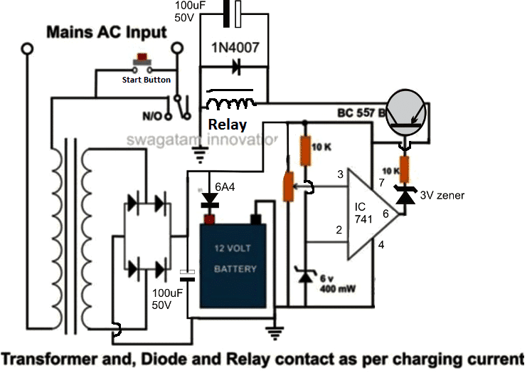 IC 741 high current automatic cut off lead acid battery charger circuit 