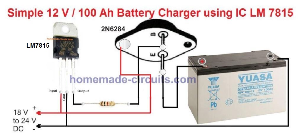 high current lead acid battery charger circuit diagram using 2N6284 transistor and IC 7815