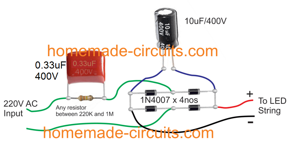 capacitive transformerless power supply for LEd string lights