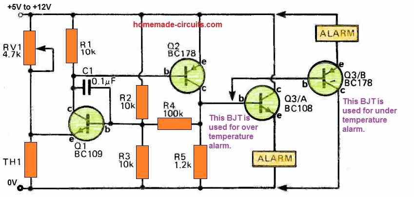 High Low Temperature Alarm Circuit using Transistors