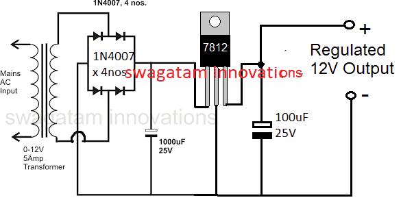 12V regulated power supply circuit using LM7812 IC