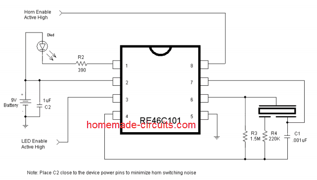 single IC piezo driver circuit with LED indicator