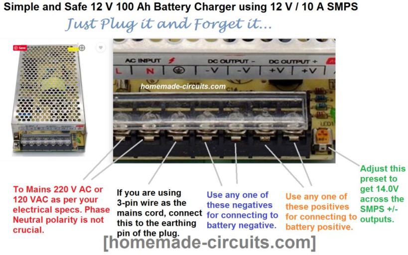 Infographic showing how to charge a 12 v 100 ah lead acid battery using a ready mafe 12 v 10 amp smps