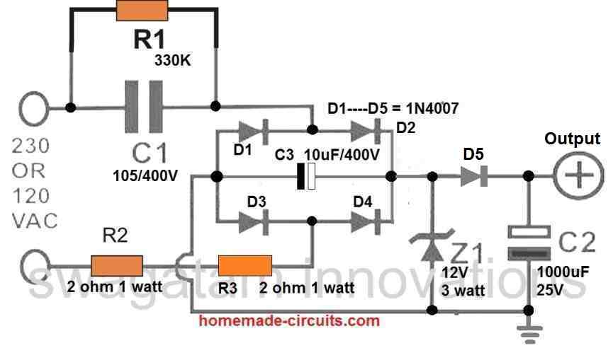 transformerless power supply circuit diagram with stabilized output and low heat on zener diode