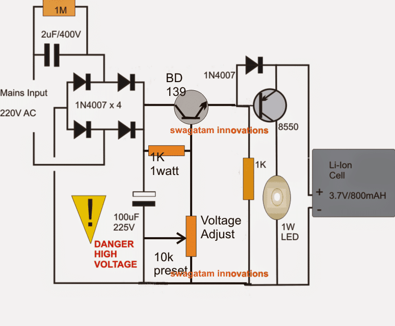 transformerless emergency lamp circuit diagram with 1 watt LEDs and constant voltage Li-ion battery charger.