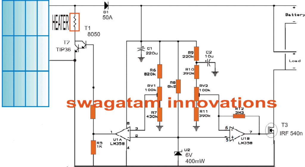 Diagram for the solar water heater with battery charger controller circuit