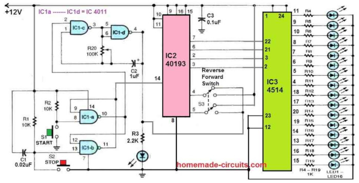 16 LED Reverse-Forward LED Chaser Circuit