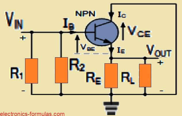 common collector BJT amplifier circuit  with all the voltages and currents related to biasing and small signal